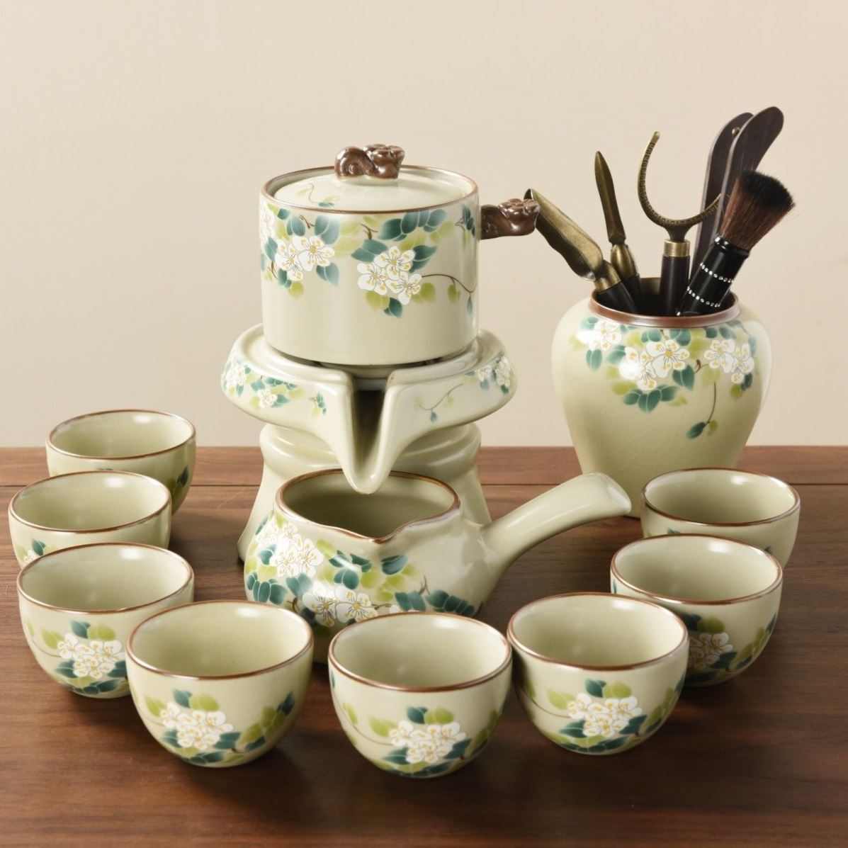 汝窑懒人功夫茶具套装家用茶杯茶壶陶瓷高档泡茶石磨神器