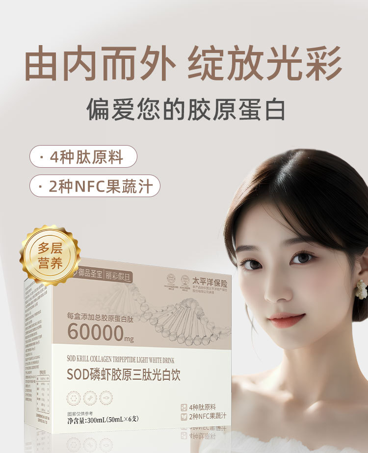 SOD磷虾胶原三肽光白饮酵母胶原蛋白肽透明质酸钠烟酰胺正品送维E