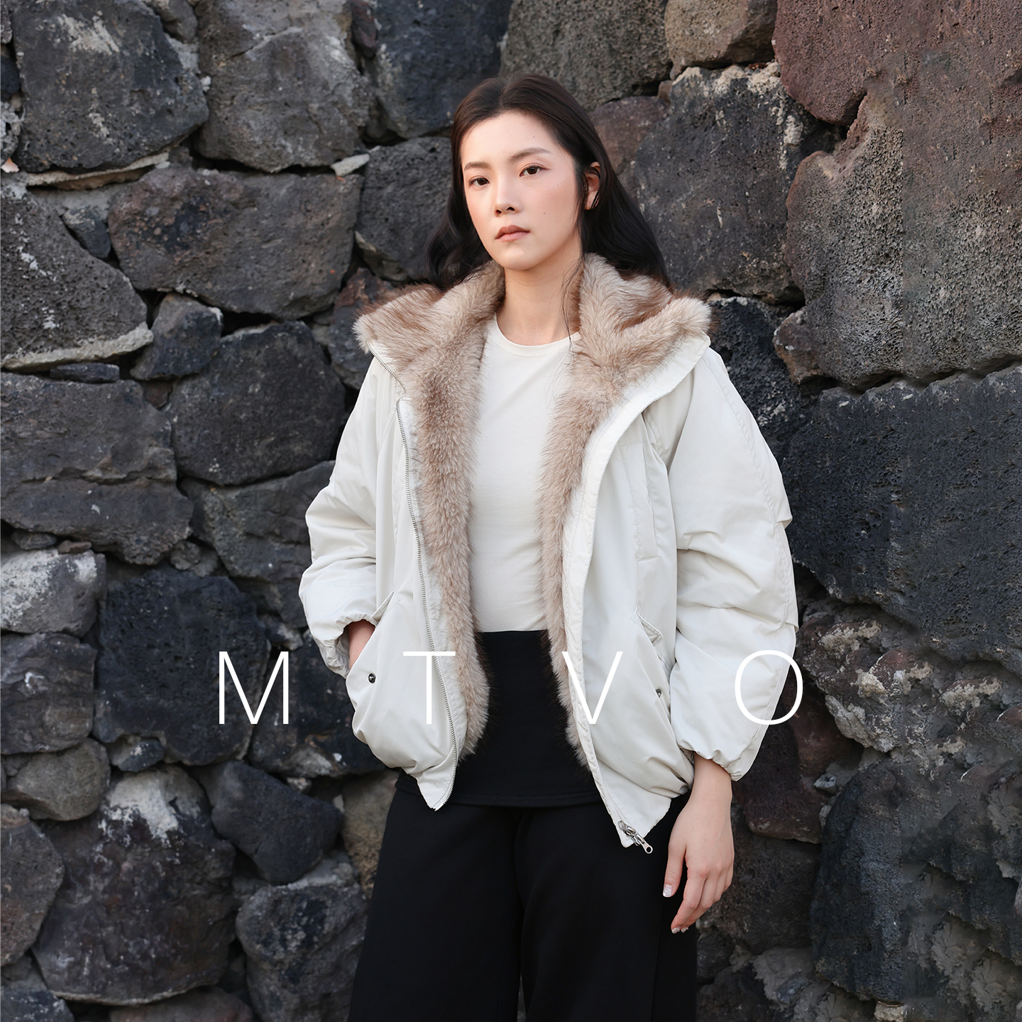 mtvo宽松毛领羽绒服外套男女同款