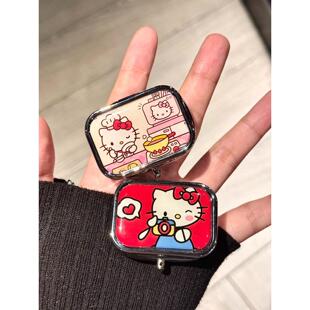 可爱猫咪便携式小药盒随身药丸盒两格金属盒迷你首饰收纳盒带镜片