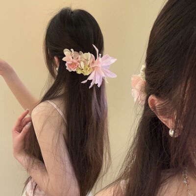 中式美学粉色花朵发夹香蕉夹头饰超仙气质拍照头花发饰拍照氛围女