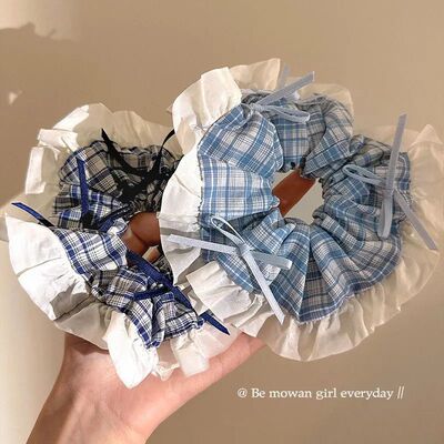 韩系蓝色格纹蝴蝶结方巾大肠发圈高级感头发绳时尚头绳饰品发饰女