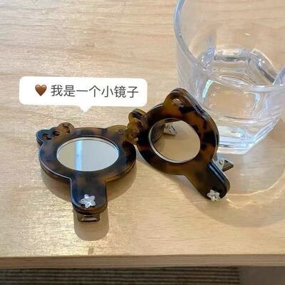 可爱小猫镜子发夹豹纹醋酸蝴蝶结发卡鸭嘴夹便携化妆镜配饰品发饰