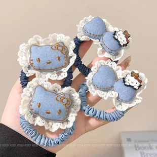 蓝色kt猫牛仔蝴蝶结发绳儿童可爱皮筋高弹力不伤发头绳低马尾发圈