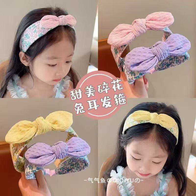 韩版儿童甜美发箍女夏季可爱花朵碎花时尚布艺头箍宽边蝴蝶结发饰