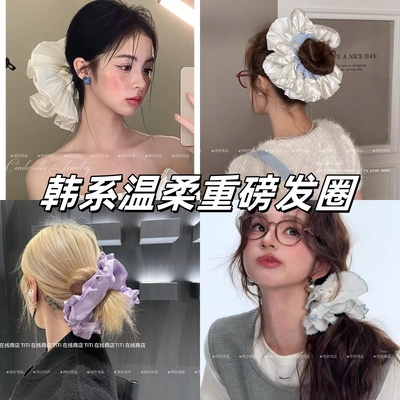 韩系芭蕾奶油缎面蓝色条纹大肠发圈女百搭发绳橡皮筋发饰超大头绳