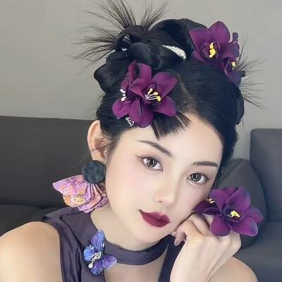 新款出片神器红紫荆花发夹仿真花朵边夹刘海高级氛围侧边发卡饰品