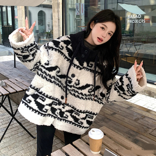 茉寻源沙白鸭绒羽绒内胆羊羔毛环保皮草外套女2025秋冬季毛绒大衣