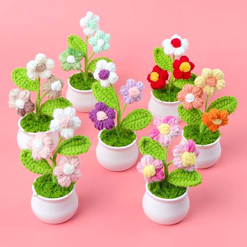 成品毛线桌面泡芙迷你毛线花盆栽手工钩织仿真花家居装饰礼物摆件