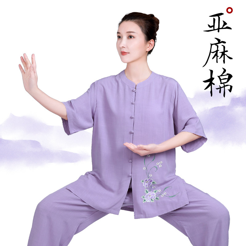小和山太极服女款新款2025亚麻棉麻太极拳练功服女夏季短袖八段锦