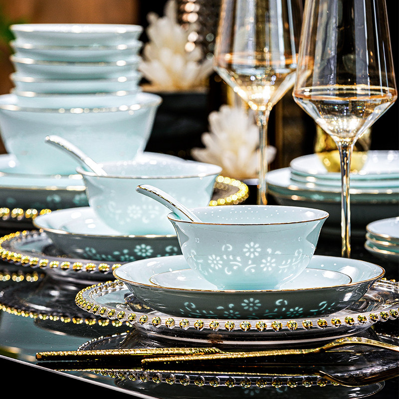 正宗景德镇釉下彩青瓷玲珑瓷2025新款碗碟套装家用高端餐具乔迁礼,餐饮具,碗,淘宝优惠券,粉丝福利购,淘宝优惠卷