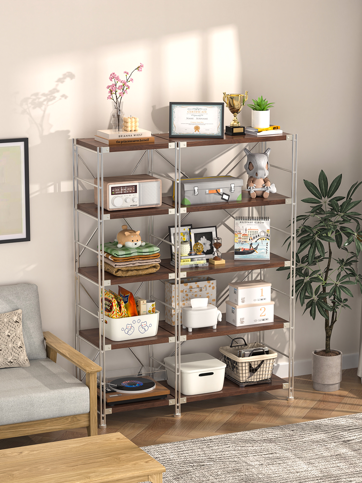 恒亿德日式钢木客厅落地置物架多层收纳架多功能靠墙架储物架家用