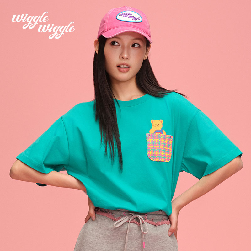 wigglewiggle夏季女休闲宽松小熊印花短袖T恤多巴胺暑期