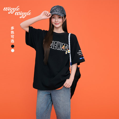 wigglewiggle26年夏季笑脸花时尚字母情侣圆领运动短袖T恤