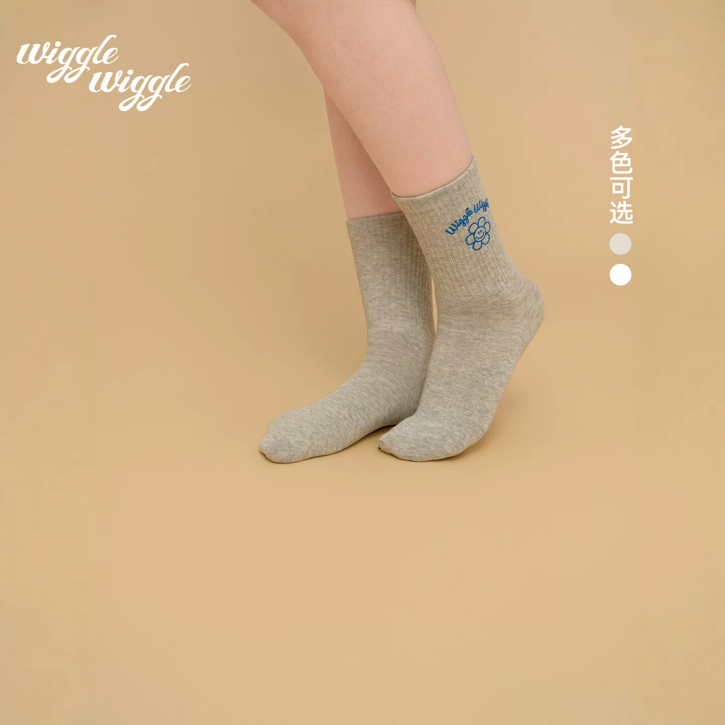 wigglewiggle刺绣笑脸花无骨袜子女春秋中筒刺绣春秋潮流百搭夏天