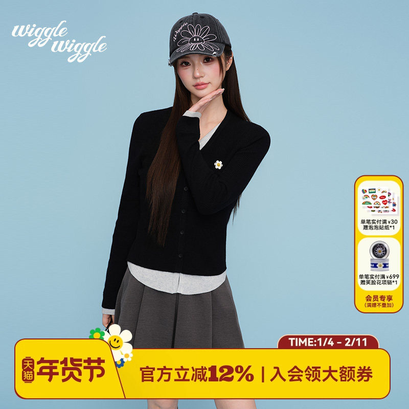 【2026早春新款】wigglewiggle拼色复古毛衣V领针织