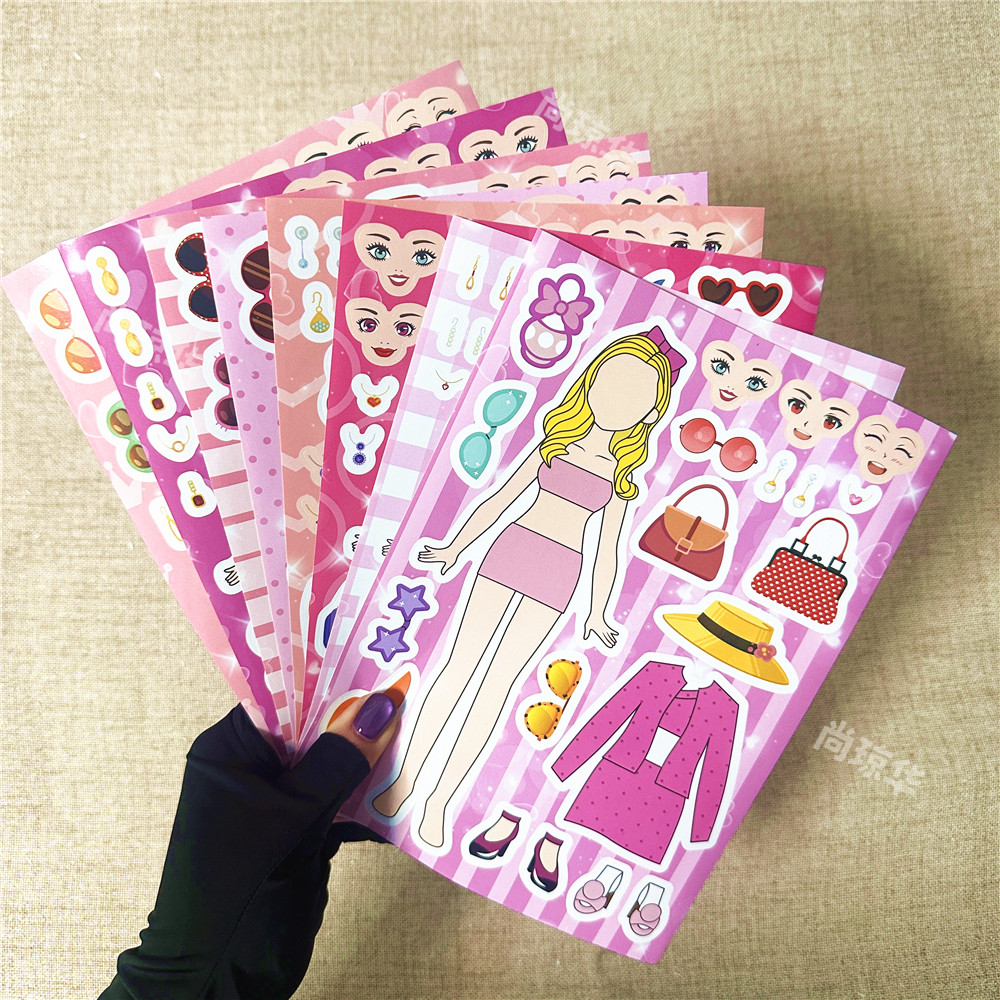 粉色芭比娃娃公主拼图贴纸换装DIYBarbie电影pink女孩过家家儿童益智生日礼物派对装饰贴画