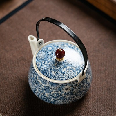 青花缠枝莲纹提梁壶泡茶壶大容量陶瓷茶壶防烫家用2024.新款茶水