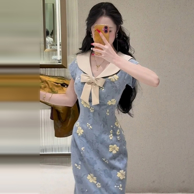 学院风蓝色娃娃领碎花连衣裙子女夏季2025新款新中式改良旗袍长裙