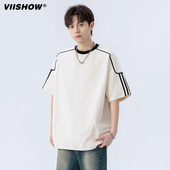 潮牌宽松休闲条纹半袖 2025年夏季 体恤 T恤男款 VIISHOW圆领凉感短袖