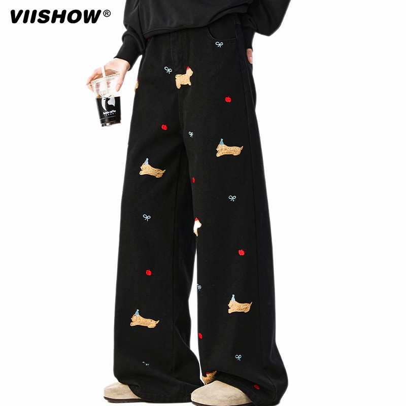 VIISHOW美式复古小狗刺绣阔腿牛仔裤男潮牌宽松直筒垂感拖地裤子,男装,牛仔裤,淘宝优惠券,粉丝福利购,淘宝优惠卷