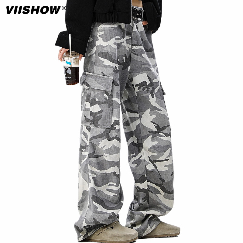 VIISHOW美式高街工装迷彩裤男潮牌hiphop复古硬挺阔腿休闲裤子