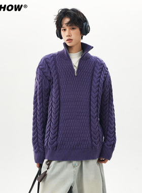 VIISHOW紫色半拉链立领毛衣2025年男士秋季宽松休闲高级感针织衫