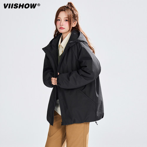 VIISHOW潮牌冬季纯色基础加厚连帽棉衣男女复古情侣百搭保暖棉服
