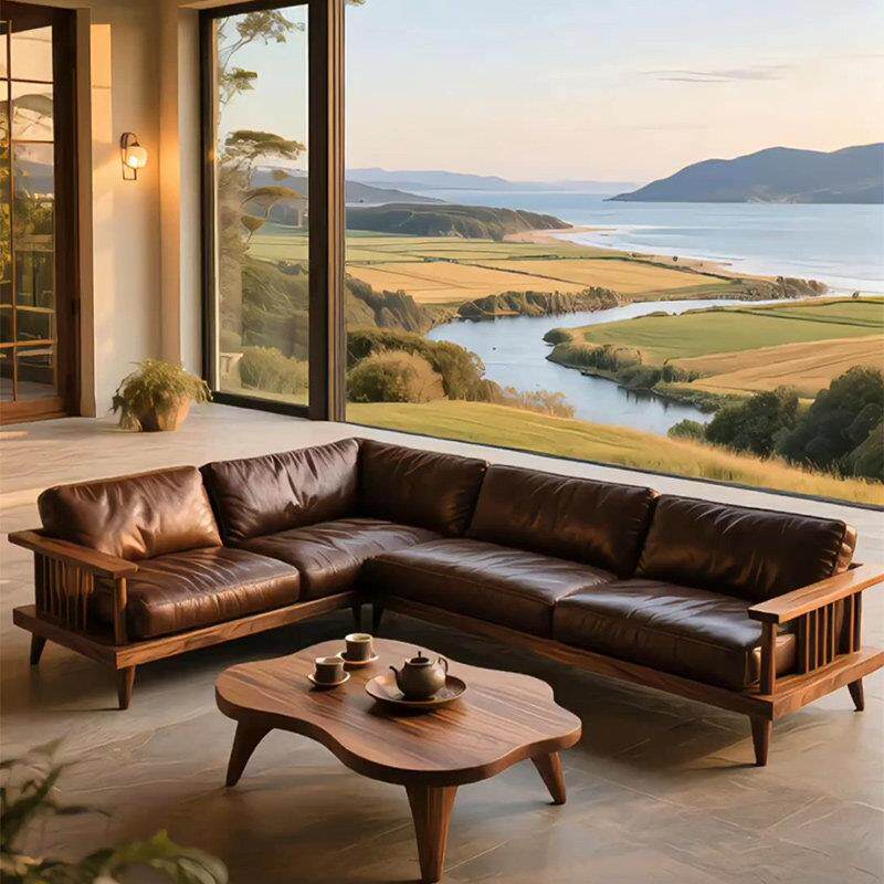 新中式实木沙发2025新款客厅L型转角家用布艺真皮沙发胡桃木定制