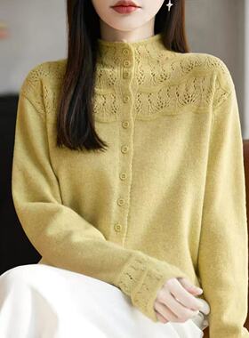 【恩佳专享】A388半高领镂空钩花针织开衫宽松显瘦减龄毛衣