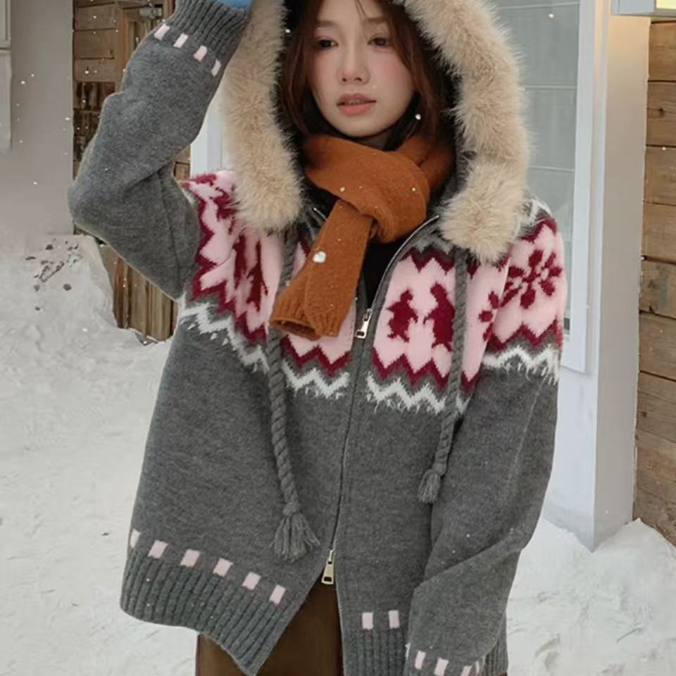 【一一专享】A200费尔岛提花毛领连帽针织开衫女冬季复古慵懒毛衣