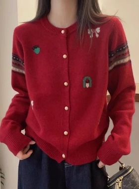 【一一专享】A211红色刺绣针织开衫女宽松减龄毛衣外套