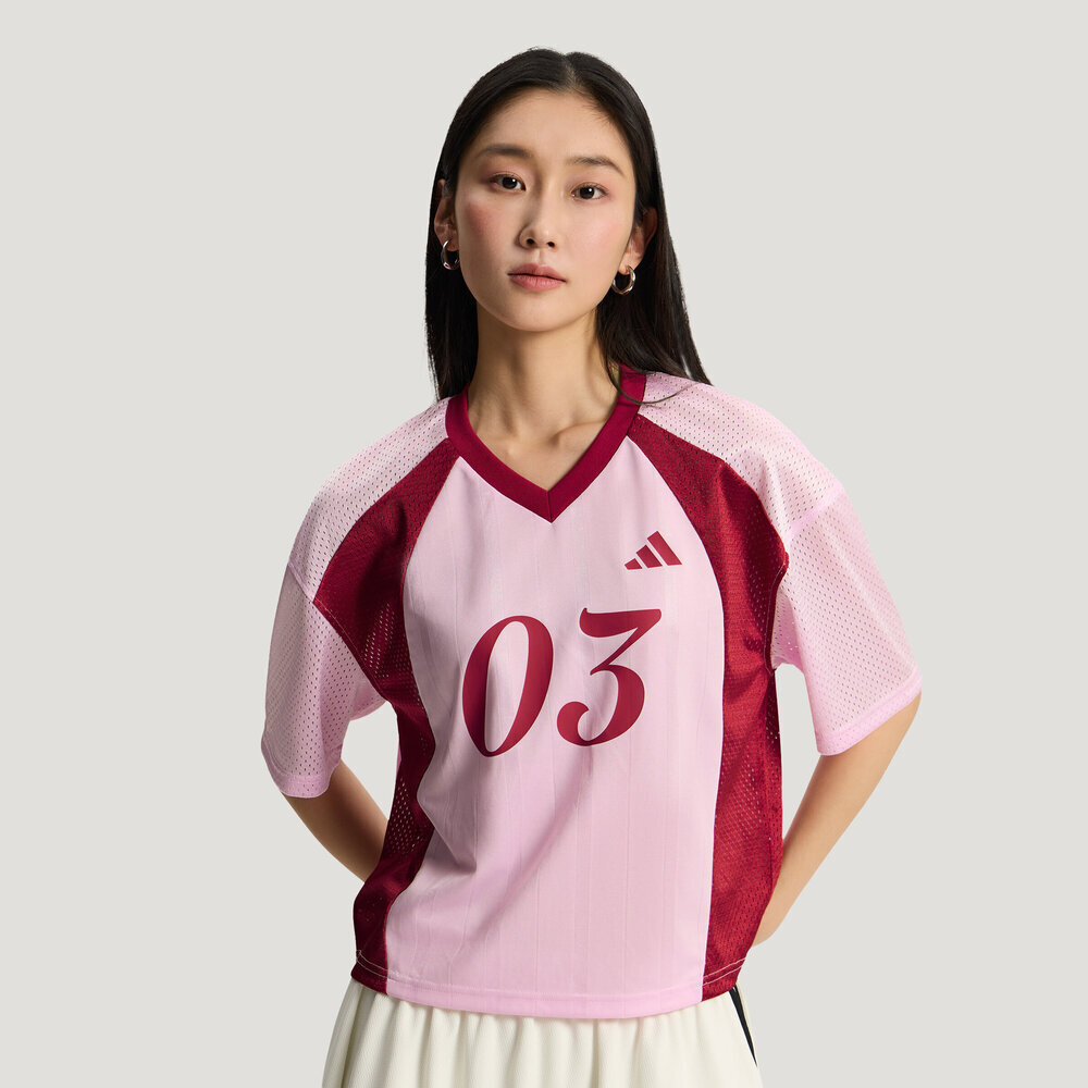 adidas阿迪达斯女子足球风网眼拼接休闲运动短袖V领T恤KZ2338