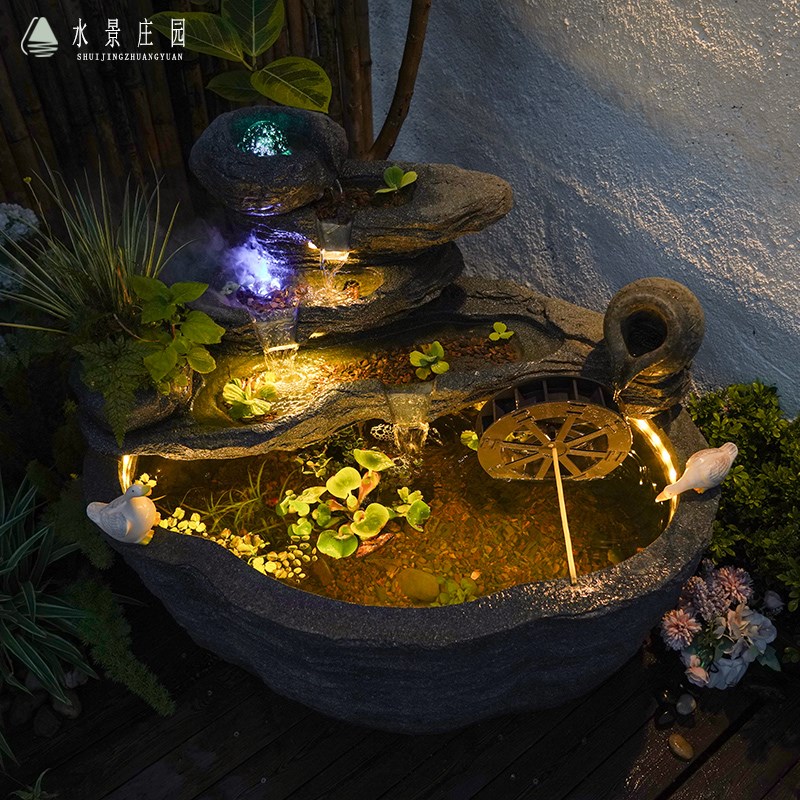 水景庄园古法养鱼流水摆件茶室造景小鱼生态鱼缸全套阳Y台水系景