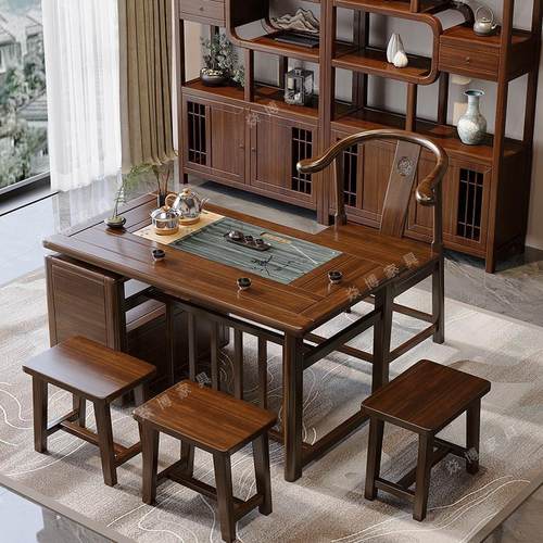 新中式乌金木茶桌全套实木泡茶桌椅组合办公室阳台家用小户型茶台