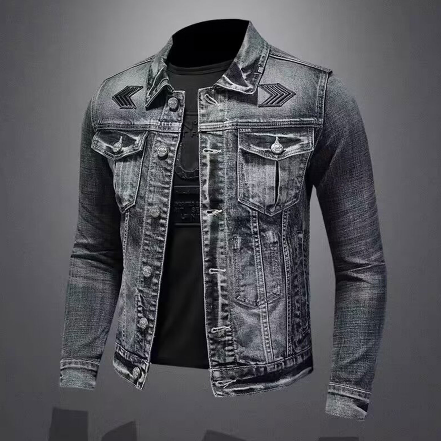 MK正品牛仔外套男士春秋季新款翻领工装夹克高端休闲机车骑行服男
