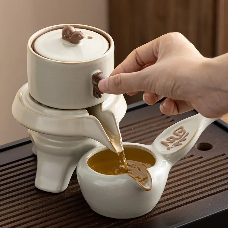 汝窑懒人功夫茶具套装家用高档石磨自动泡茶茶杯茶壶茶盘
