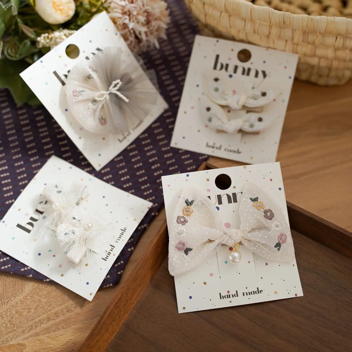 韩系新款刺绣花朵珍珠结发夹兔耳朵对装皮筋甜美女童发卡发饰