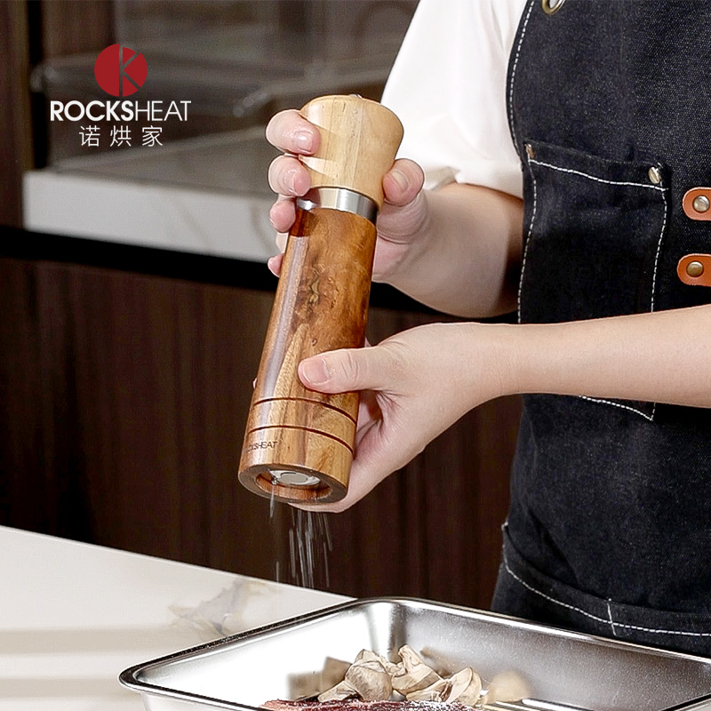 黑胡椒粒研磨器海盐花椒碎研磨瓶手动相思木质家用西餐调味佐料罐