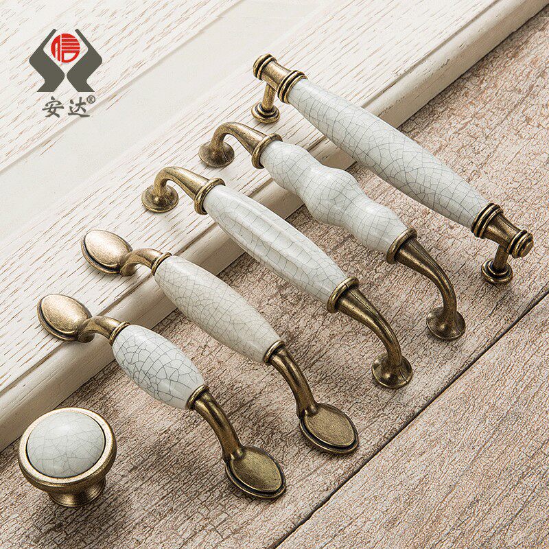 橱柜衣柜抽屉家具把手欧式田园美式仿古古铜裂纹陶瓷单孔拉手新品