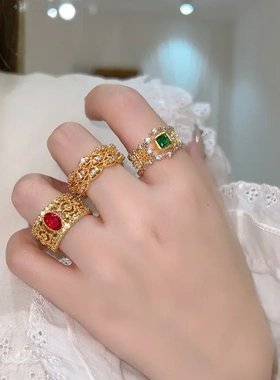 真金电镀锆石扭曲开口戒指宫廷风复古食指戒小众时尚新款手饰