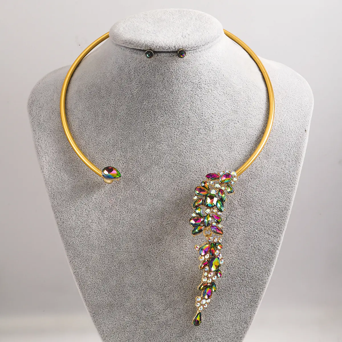 潮流时尚欧美新款嵌钻多色麦穗项圈耳钉套装 高级感女式礼服饰品