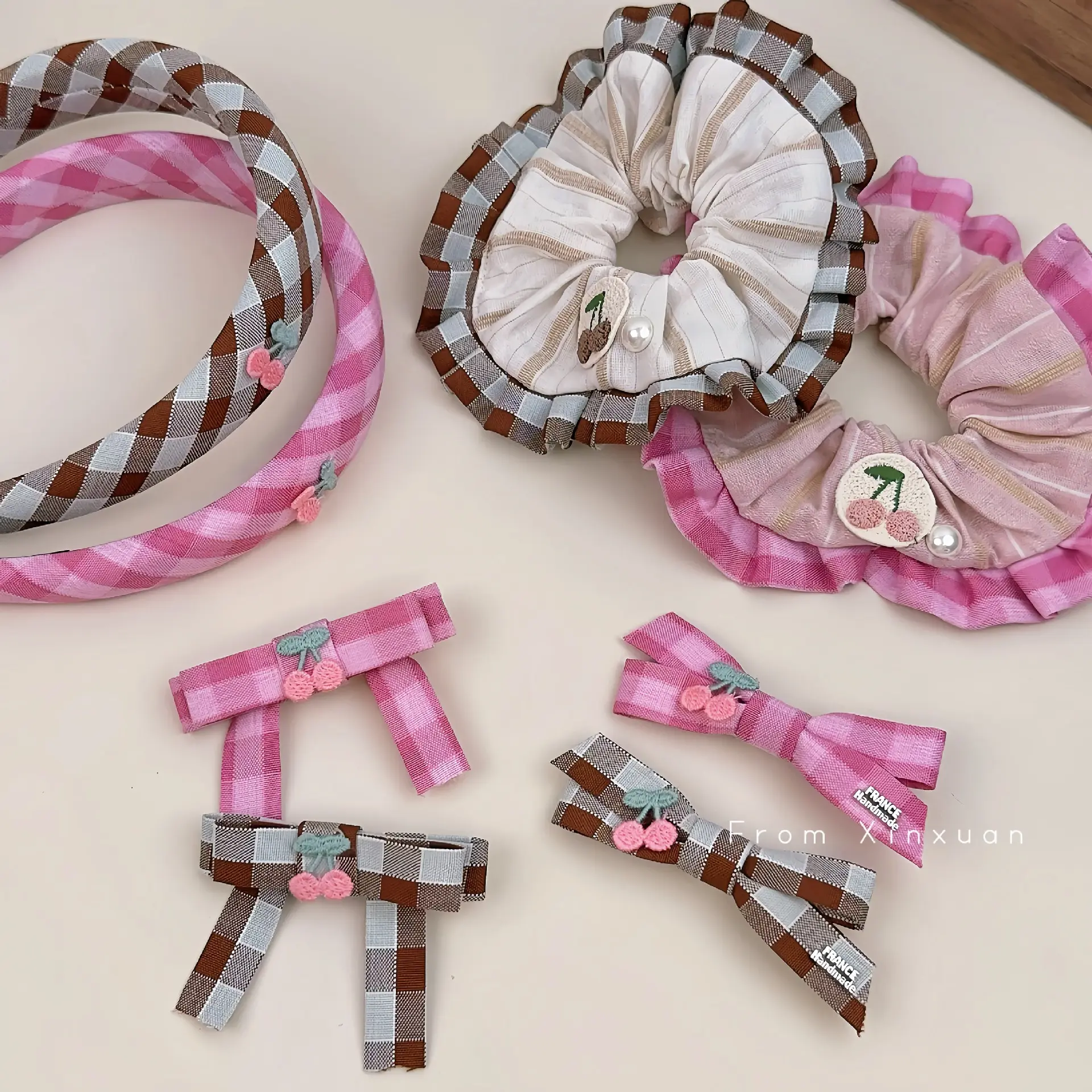 韩系学院风粉咖系格纹花边大肠发圈甜美樱桃结发夹碎发夹子