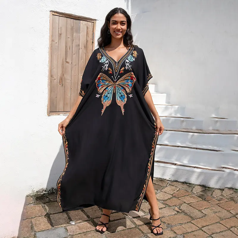 欧棉绣花度假宽松大码沙滩长裙连衣裙女比基尼罩衫防晒服