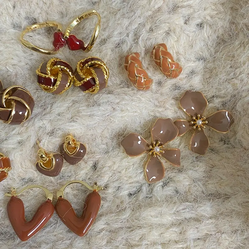 雅风 美拉德咖色几何耳钉复古慵懒感滴釉百搭耳环气质耳饰