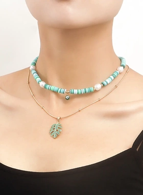 欧美饰品波西米亚绿色软陶滴油树叶项链女双层复古民族风项饰