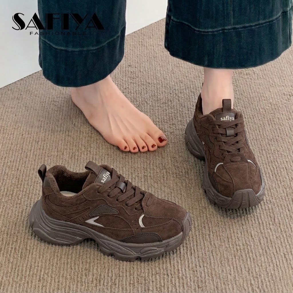 索菲娅真皮复古老爹鞋女2025冬季加绒舒适运动鞋百搭厚底休闲鞋