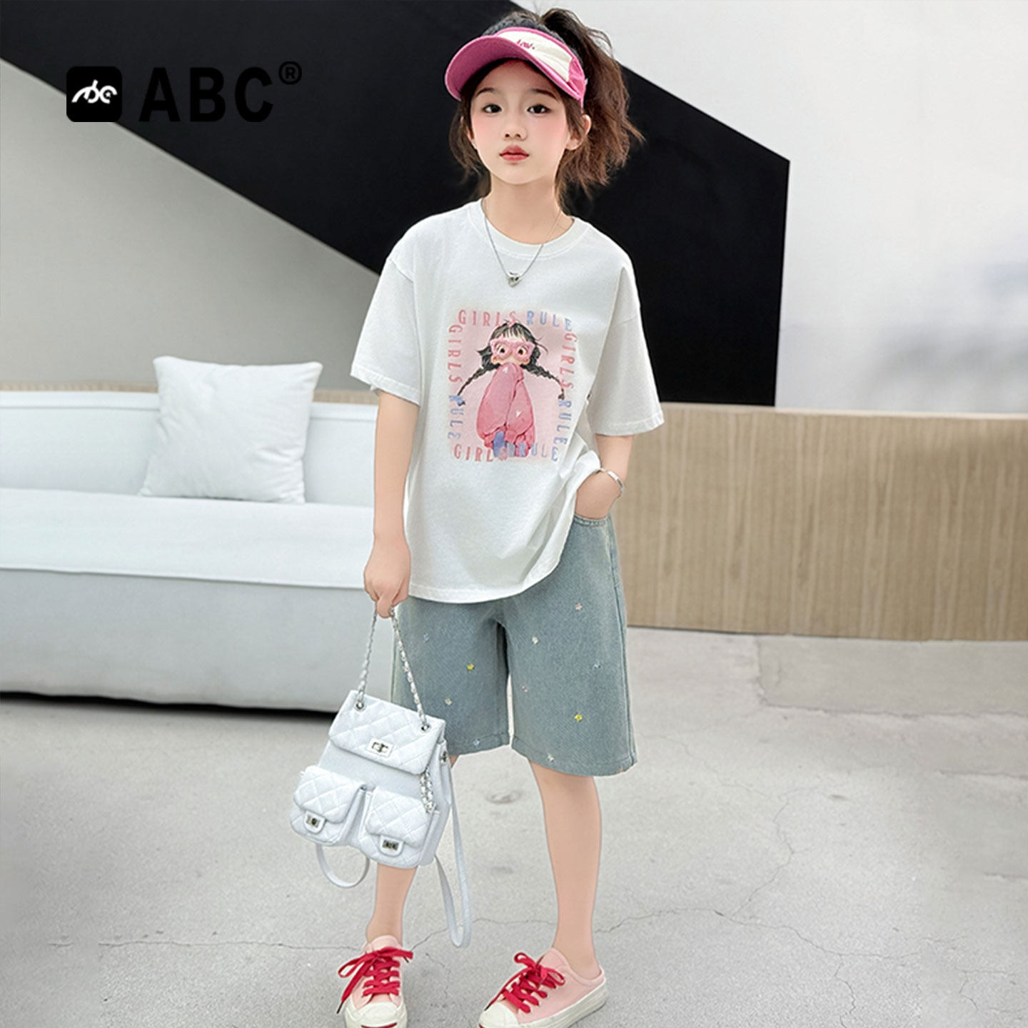 ABC女童夏季洋气眼辫小花套装