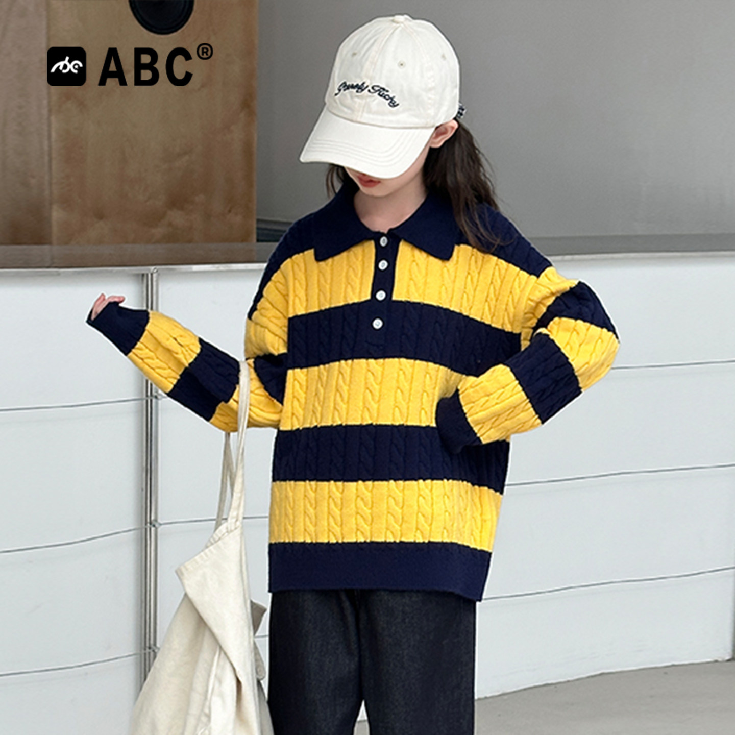 ABC女童秋装毛衣2026新款儿童洋气条纹针织衫上衣秋季女孩Polo衫