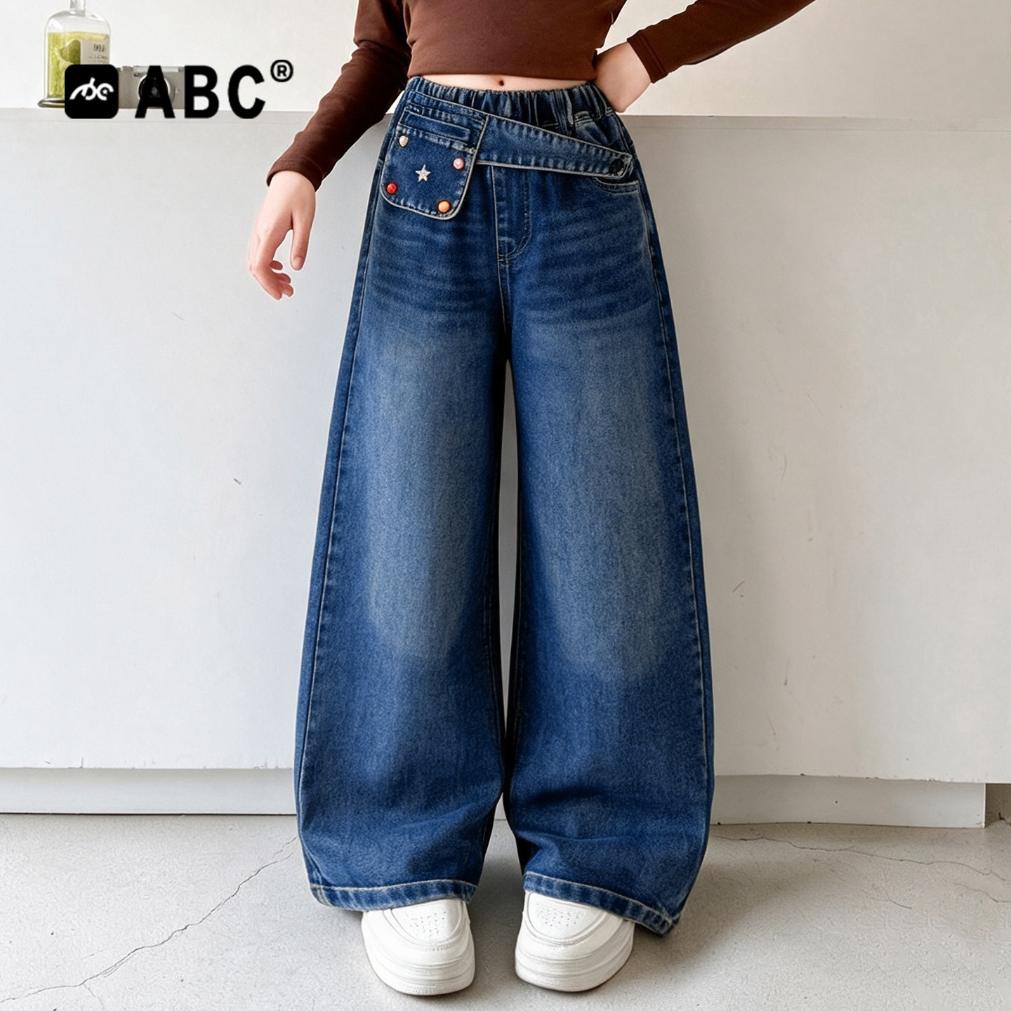 ABC女童春秋新款绣花牛仔阔腿裤
